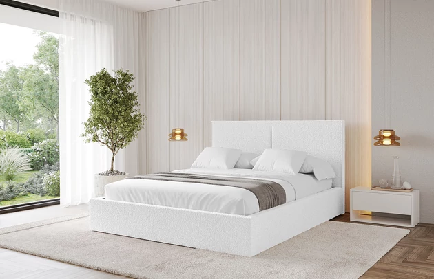 Bezug: Bouclé, Farbe: Weiß - Quelle 01, Stoffbeschreibung: Polsterstoff Quelle: hochwertiger Bouclé Stoff, strapazierfähig, atmungsaktiv und pflegeleicht. (80.000 Martindale-Zyklen) 100 % PES, pillingarm(4-5), Gewicht 315 g/m² ±5 %, Zimmer: Schlafzimmer, Länge: 215 cm, Breite: 136 cm, Höhe: 105 cm, Größe: 120x200 cm, Länge der Schlaffläche: 200 cm, Breite der Schlaffläche: 120-cm, Matratze: Mit H3 / H4 Taschenfederkern Matratze, Höhe der Matratze: 25 cm, Bettkasten: Ja, Anzahl der Bettkasten: 1, Höhe der Bettkasten: 30 cm, Höhe des Kopfteils: 105 cm, Dicke des Kopfteils: 8 cm, Dicke des Fußteils: 7 cm, Gepolsterte Rückseite: Nein - 1