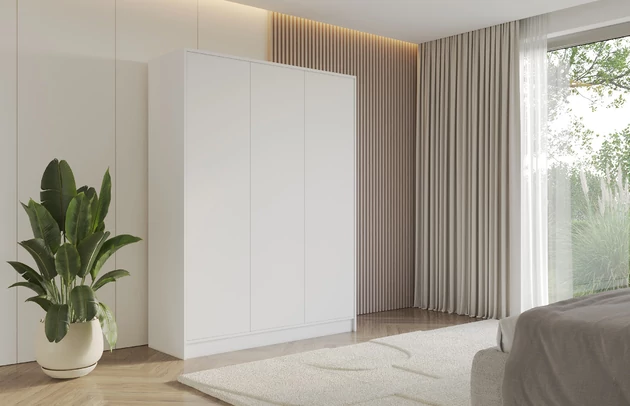 Material: Holzwerkstoff, Material der Rückwand: MDF, Farbe: Weiß, Griffe: TIP-ON-System, Zimmer: Schlafzimmer, Anzahl der Türen: 3, Anzahl der Kleiderstangen: 2, Front-Typ: Glatt, Art der Griffe: TIP-ON-System, Art der Türen: Flügeltüren, Breite: 150 cm, Tiefe: 51 cm, Höhe: 200 cm, Länge der Kleiderstange 1: 46 cm, Länge der Kleiderstange 2: 46 cm, Fachinnenmaß - Höhe: 36 cm, Fachinnenmaß - Breite: 49 cm, Fachinnenmaß - Tiefe: 49 cm, Größe: 150 cm x 51 cm x 200 cm - 1