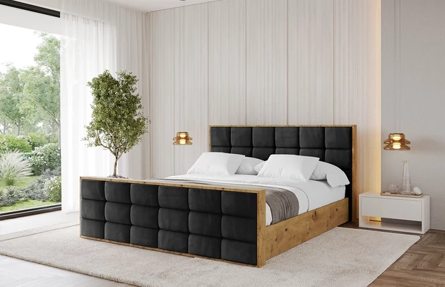 Bezug: Samt, Farbe: Schwarz - Casablanca 2316, Stoffbeschreibung: Polsterstoff Casablanca: „Pet-friendly“, leicht zu reinigen (CleanBOO+), wasserabweisend mit Lotuseffekt, scheuerfest (45.000 Martindale- Zyklen), Gewicht 310g/m2 ±5 %, Zimmer: Schlafzimmer, Länge: 230 cm, Breite: 140 cm, Höhe: 107 cm, Größe: 120x200 cm, Länge der Schlaffläche: 200 cm, Breite der Schlaffläche: 120 cm, Liegehöhe: 48 cm, Matratze: Mit H3 / H4 Taschenfederkern Matratze, Höhe der Matratze: 25 cm, Matratzentyp: Taschenfederkernmatratze, Bettkasten: Ja, Anzahl der Bettkasten: 1, Höhe der Bettkasten: 30 cm, Höhe des Kopfteils: 107 cm, Dicke des Kopfteils: 8 cm, Dicke des Fußteils: 7 cm, Gepolsterte Rückseite: Nein - 1