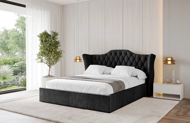 Bezug: Samt, Farbe: Schwarz - Casablanca 2316, Stoffbeschreibung: Polsterstoff Casablanca: „Pet-friendly“, leicht zu reinigen (CleanBOO+), wasserabweisend mit Lotuseffekt, scheuerfest (45.000 Martindale- Zyklen), Gewicht 310g/m2 ±5 %, Zimmer: Schlafzimmer, Länge: 215 cm, Breite: 136 cm, Höhe: 105 cm, Größe: 120x200 cm, Länge der Schlaffläche: 200 cm, Breite der Schlaffläche: 120 cm, Liegehöhe: 48 cm, Matratze: Mit H3 / H4 Taschenfederkern Matratze, Höhe der Matratze: 25 cm, Matratzentyp: Taschenfederkernmatratze, Bettkasten: Ja, Anzahl der Bettkasten: 1, Höhe der Bettkasten: 30 cm, Höhe des Kopfteils: 105 cm, Dicke des Kopfteils: 8 cm, Gepolsterte Rückseite: Nein - 1