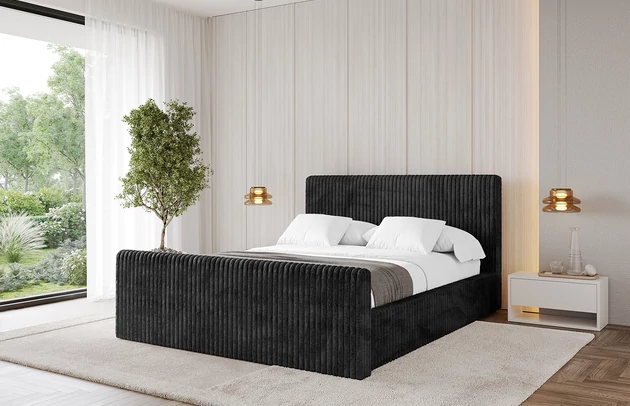 Bezug: Cord, Farbe: Schwarz - Tilia 100, Stoffbeschreibung: Polsterstoff Cord: angenehma Polsterstoff mit Kordstruktur (90.000 - 100.000 Martindale-Zyklen) leicht zu reinigender Möbellstoff, pillingarm (4-5), aus 100 %PES, 420 g/m2 ±5 %, Zimmer: Schlafzimmer, Länge: 222 cm, Breite: 156 cm, Höhe: 105 cm, Größe: 140x200 cm, Länge der Schlaffläche: 200 cm, Breite der Schlaffläche: 140 cm, Liegehöhe: 48 cm, Matratze: Mit H3 / H4 Taschenfederkern Matratze, Höhe der Matratze: 25 cm, Matratzentyp: Taschenfederkernmatratze, Bettkasten: Ja, Anzahl der Bettkasten: 1, Höhe der Bettkasten: 30 cm, Höhe des Kopfteils: 105 cm, Dicke des Kopfteils: 8 cm, Dicke des Fußteils: 7 cm, Gepolsterte Rückseite: Nein - 1