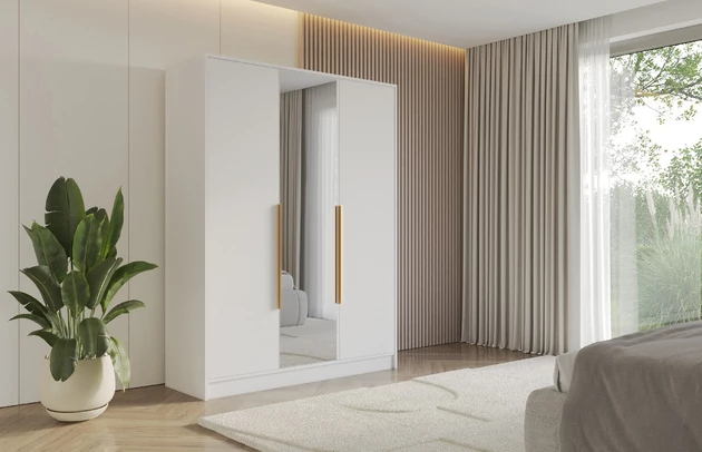 Material: Holzwerkstoff, Material der Rückwand: MDF, Farbe: Weiß, Größe: 150 cm x 51 cm x 200 cm, Griffe: Gold Griffe, Zimmer: Schlafzimmer, Anzahl der Türen: 3, Anzahl der Spiegel: 1, Anzahl der Kleiderstangen: 2, Front-Typ: Glatt, Art der Griffe: Griffleiste, Art der Türen: Flügeltüren, Breite: 150 cm, Tiefe: 51 cm, Höhe: 200 cm, Länge der Kleiderstange 1: 46 cm, Länge der Kleiderstange 2: 46 cm, Fachinnenmaß - Höhe: 36 cm, Fachinnenmaß - Breite: 49 cm, Fachinnenmaß - Tiefe: 49 cm - 1