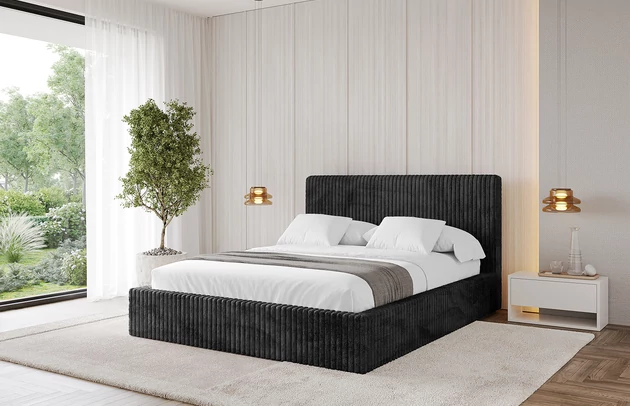 Bezug: Cord, Farbe: Schwarz - Tilia 100, Stoffbeschreibung: Polsterstoff Cord: angenehma Polsterstoff mit Kordstruktur (90.000 - 100.000 Martindale-Zyklen) leicht zu reinigender Möbellstoff, pillingarm (4-5), aus 100 %PES, 420 g/m2 ±5 %, Zimmer: Schlafzimmer, Länge: 215 cm, Breite: 136 cm, Höhe: 105 cm, Größe: 120x200 cm, Länge der Schlaffläche: 200 cm, Breite der Schlaffläche: 120 cm, Liegehöhe: 48 cm, Matratze: Mit H3 / H4 Taschenfederkern Matratze, Höhe der Matratze: 25 cm, Matratzentyp: Taschenfederkernmatratze, Bettkasten: Ja, Anzahl der Bettkasten: 1, Höhe der Bettkasten: 30 cm, Höhe des Kopfteils: 105 cm, Dicke des Kopfteils: 8 cm, Gepolsterte Rückseite: Nein - 1