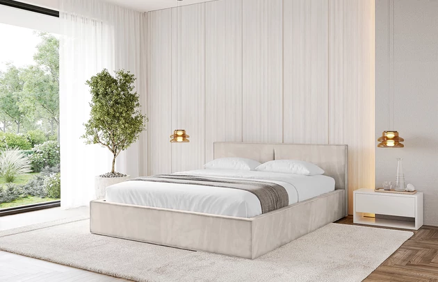 Bezug: Velvet, Farbe: Beige - Casablanca 2301, Stoffbeschreibung: Polsterstoff Casablanca: „Pet-friendly“, leicht zu reinigen (CleanBOO+), wasserabweisend mit Lotuseffekt, scheuerfest (45.000 Martindale- Zyklen), Gewicht 310g/m2 ±5 %, Zimmer: Schlafzimmer, Länge: 215 cm, Breite: 136 cm, Höhe: 81 cm, Größe: 120x200 cm, Länge der Schlaffläche: 200 cm, Breite der Schlaffläche: 120 cm, Liegehöhe: 48 cm, Matratze: Mit H3 / H4 Taschenfederkern Matratze, Höhe der Matratze: 25 cm, Matratzentyp: Taschenfederkernmatratze, Bettkasten: Ja, Anzahl der Bettkasten: 1, Höhe der Bettkasten: 30 cm, Höhe des Kopfteils: 105 cm, Dicke des Kopfteils: 8 cm, Gepolsterte Rückseite: Nein - 1