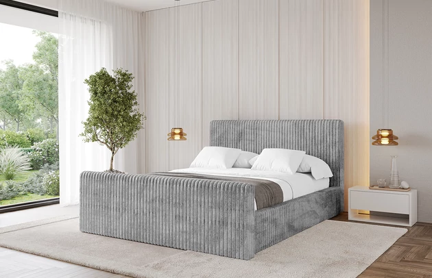 Bezug: Cord, Farbe: Grau - Tilia 86, Stoffbeschreibung: Polsterstoff Cord: angenehma Polsterstoff mit Kordstruktur (90.000 - 100.000 Martindale-Zyklen) leicht zu reinigender Möbellstoff, pillingarm (4-5), aus 100 %PES, 420 g/m2 ±5 %, Zimmer: Schlafzimmer, Länge: 222 cm, Breite: 156 cm, Höhe: 105 cm, Größe: 140x200 cm, Länge der Schlaffläche: 200 cm, Breite der Schlaffläche: 140 cm, Liegehöhe: 48 cm, Matratze: Mit H3 / H4 Taschenfederkern Matratze, Höhe der Matratze: 25 cm, Matratzentyp: Taschenfederkernmatratze, Bettkasten: Ja, Anzahl der Bettkasten: 1, Höhe der Bettkasten: 30 cm, Höhe des Kopfteils: 105 cm, Dicke des Kopfteils: 8 cm, Dicke des Fußteils: 7 cm, Gepolsterte Rückseite: Nein - 1