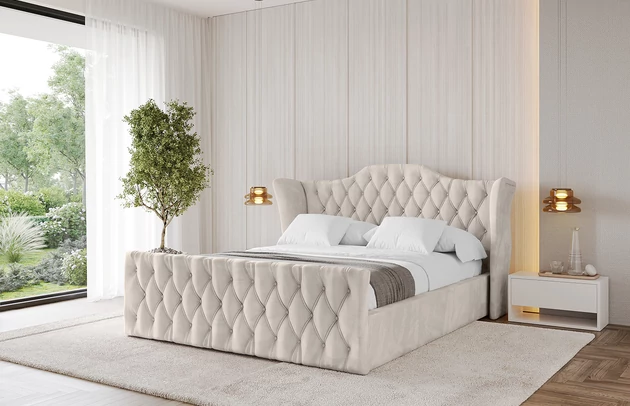 Bezug: Velvet, Farbe: Beige - Casablanca 2301, Stoffbeschreibung: Polsterstoff Casablanca: „Pet-friendly“, leicht zu reinigen (CleanBOO+), wasserabweisend mit Lotuseffekt, scheuerfest (45.000 Martindale- Zyklen), Gewicht 310g/m2 ±5 %, Zimmer: Schlafzimmer, Länge: 222 cm, Breite: 136 cm, Höhe: 105 cm, Größe: 120x200 cm, Länge der Schlaffläche: 200 cm, Breite der Schlaffläche: 120 cm, Liegehöhe: 48 cm, Matratze: Mit H3 / H4 Taschenfederkern Matratze, Höhe der Matratze: 25 cm, Matratzentyp: Taschenfederkernmatratze, Bettkasten: Ja, Anzahl der Bettkasten: 1, Höhe der Bettkasten: 30 cm, Höhe des Kopfteils: 105 cm, Dicke des Kopfteils: 8 cm, Dicke des Fußteils: 7 cm, Gepolsterte Rückseite: Nein - 1