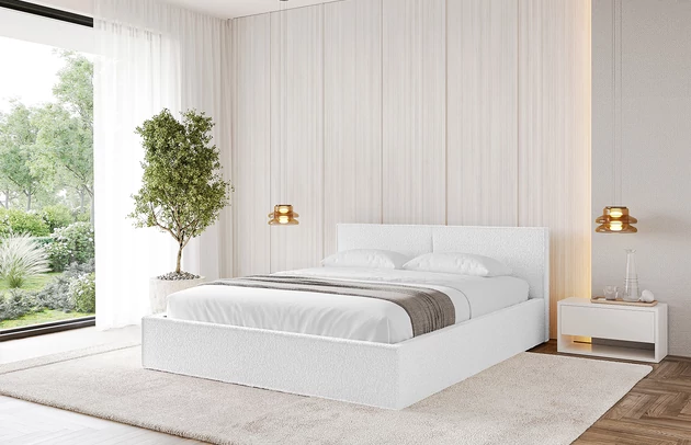 Bezug: Bouclé, Farbe: Weiß - Quelle 01, Stoffbeschreibung: Polsterstoff Quelle: hochwertiger Bouclé Stoff, strapazierfähig, atmungsaktiv und pflegeleicht. (80.000 Martindale-Zyklen) 100 % PES, pillingarm(4-5), Gewicht 315 g/m² ±5 %, Zimmer: Schlafzimmer, Länge: 215 cm, Breite: 176 cm, Höhe: 81 cm, Größe: 160x200 cm, Länge der Schlaffläche: 200 cm, Breite der Schlaffläche: 160 cm, Liegehöhe: 48 cm, Matratze: Mit H3 / H4 Taschenfederkern Matratze, Höhe der Matratze: 25 cm, Matratzentyp: Taschenfederkernmatratze, Bettkasten: Ja, Anzahl der Bettkasten: 1, Höhe der Bettkasten: 30 cm, Höhe des Kopfteils: 105 cm, Dicke des Kopfteils: 8 cm, Gepolsterte Rückseite: Nein - 1