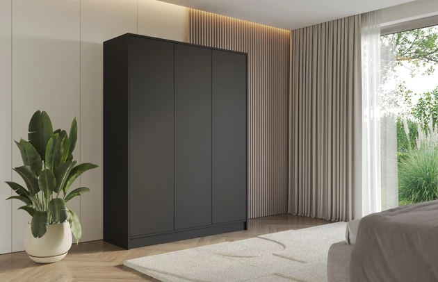 Material: Holzwerkstoff, Material der Rückwand: MDF, Farbe: Schwarz, Griffe: TIP-ON-System, Zimmer: Schlafzimmer, Anzahl der Türen: 3, Anzahl der Kleiderstangen: 2, Front-Typ: Glatt, Art der Griffe: TIP-ON-System, Art der Türen: Flügeltüren, Breite: 150 cm, Tiefe: 51 cm, Höhe: 200 cm, Länge der Kleiderstange 1: 46 cm, Länge der Kleiderstange 2: 46 cm, Fachinnenmaß - Höhe: 36 cm, Fachinnenmaß - Breite: 49 cm, Fachinnenmaß - Tiefe: 49 cm, Größe: 150 cm x 51 cm x 200 cm - 1
