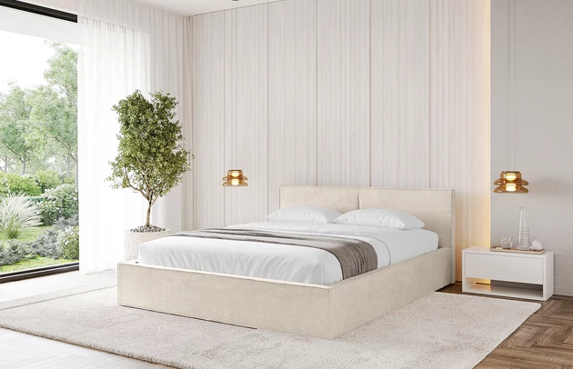 Bezug: Cord, Farbe: Beige - Poso 105, Stoffbeschreibung: POSO ist ein angenehm anzufühlender Velours mit Kordstruktur (35000 MartindaleZyklen) und leicht zu reinigender Möbellstoff, lichtecht (5) und pillingarm (5), Gewicht 380 g/m2 ±5%, Zimmer: Schlafzimmer, Länge: 215 cm, Breite: 136 cm, Höhe: 81 cm, Größe: 120x200 cm, Länge der Schlaffläche: 200 cm, Breite der Schlaffläche: 120 cm, Liegehöhe: 48 cm, Matratze: Mit H3 / H4 Taschenfederkern Matratze, Höhe der Matratze: 25 cm, Matratzentyp: Taschenfederkernmatratze, Bettkasten: Ja, Anzahl der Bettkasten: 1, Höhe der Bettkasten: 30 cm, Höhe des Kopfteils: 105 cm, Dicke des Kopfteils: 8 cm, Gepolsterte Rückseite: Nein - 1