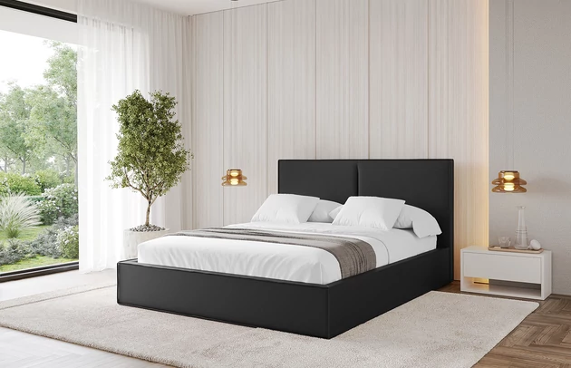 Bezug: Kunstleder, Farbe: Schwarz - Soft 11, Stoffbeschreibung: Polsterstoff SOFT:Leicht zu reinigendes Lederimitat. scheuerfest (100.000 Martindale-Zyklen). lichtecht (6). reibecht (4-5). 100%PU (Oberseite) + 75%PES mit 25%CO (Unterseite), Zimmer: Schlafzimmer, Länge: 215 cm, Breite: 156 cm, Höhe: 105 cm, Größe: 140x200 cm, Länge der Schlaffläche: 200 cm, Breite der Schlaffläche: 140 cm, Liegehöhe: 48 cm, Matratze: Mit H3 / H4 Taschenfederkern Matratze, Höhe der Matratze: 25 cm, Matratzentyp: Taschenfederkernmatratze, Bettkasten: Ja, Anzahl der Bettkasten: 1, Höhe der Bettkasten: 30 cm, Höhe des Kopfteils: 105 cm, Dicke des Kopfteils: 8 cm, Gepolsterte Rückseite: Nein - 1