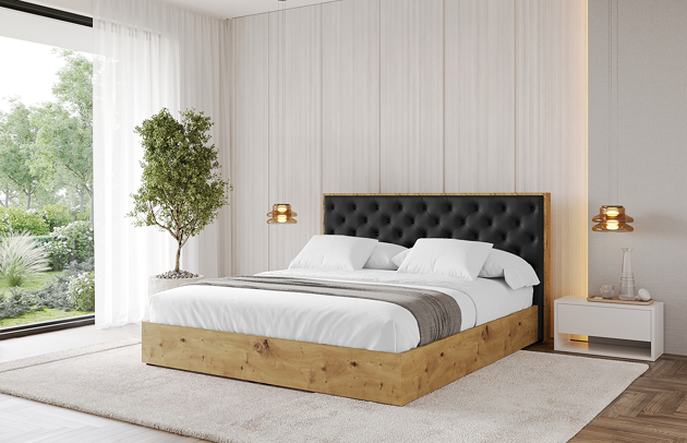 Bezug: Kunstleder, Farbe: Schwarz - Soft 11, Stoffbeschreibung: Polsterstoff SOFT:Leicht zu reinigendes Lederimitat. scheuerfest (100.000 Martindale-Zyklen). lichtecht (6). reibecht (4-5). 100%PU (Oberseite) + 75%PES mit 25%CO (Unterseite), Zimmer: Schlafzimmer, Länge: 220 cm, Breite: 160 cm, Höhe: 107 cm, Größe: 140x200 cm, Länge der Schlaffläche: 200 cm, Breite der Schlaffläche: 140 cm, Liegehöhe: 48 cm, Matratze: Mit H3 / H4 Taschenfederkern Matratze, Höhe der Matratze: 25 cm, Matratzentyp: Taschenfederkernmatratze, Bettkasten: Ja, Anzahl der Bettkasten: 1, Höhe der Bettkasten: 30 cm, Höhe des Kopfteils: 107 cm, Dicke des Kopfteils: 8 cm, Gepolsterte Rückseite: Nein - 1