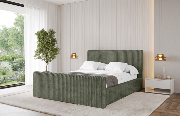 Bezug: Cord, Farbe: Olivgrün - Tilia 37, Stoffbeschreibung: Polsterstoff Cord: angenehma Polsterstoff mit Kordstruktur (90.000 - 100.000 Martindale-Zyklen) leicht zu reinigender Möbellstoff, pillingarm (4-5), aus 100 %PES, 420 g/m2 ±5 %, Zimmer: Schlafzimmer, Länge: 222 cm, Breite: 156 cm, Höhe: 105 cm, Größe: 140x200 cm, Länge der Schlaffläche: 200 cm, Breite der Schlaffläche: 140 cm, Liegehöhe: 48 cm, Matratze: Mit H3 / H4 Taschenfederkern Matratze, Höhe der Matratze: 25 cm, Matratzentyp: Taschenfederkernmatratze, Bettkasten: Ja, Anzahl der Bettkasten: 1, Höhe der Bettkasten: 30 cm, Höhe des Kopfteils: 105 cm, Dicke des Kopfteils: 8 cm, Dicke des Fußteils: 7 cm, Gepolsterte Rückseite: Nein - 1