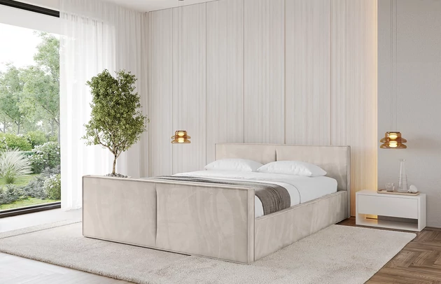 Bezug: Velvet, Farbe: Beige - Casablanca 2301, Stoffbeschreibung: Polsterstoff Casablanca: „Pet-friendly“, leicht zu reinigen (CleanBOO+), wasserabweisend mit Lotuseffekt, scheuerfest (45.000 Martindale- Zyklen), Gewicht 310g/m2 ±5 %, Zimmer: Schlafzimmer, Länge: 222 cm, Breite: 136 cm, Höhe: 81 cm, Größe: 120x200 cm, Länge der Schlaffläche: 200 cm, Breite der Schlaffläche: 120 cm, Liegehöhe: 48 cm, Matratze: Mit H3 / H4 Taschenfederkern Matratze, Höhe der Matratze: 25 cm, Matratzentyp: Taschenfederkernmatratze, Bettkasten: Ja, Anzahl der Bettkasten: 1, Höhe der Bettkasten: 30 cm, Höhe des Kopfteils: 105 cm, Dicke des Kopfteils: 8 cm, Dicke des Fußteils: 7 cm, Gepolsterte Rückseite: Nein - 1