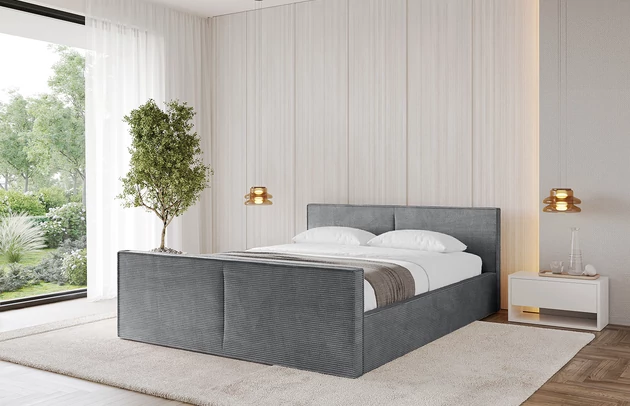 Bezug: Cord, Farbe: Dunkelgrau - Poso 115, Stoffbeschreibung: POSO ist ein angenehm anzufühlender Velours mit Kordstruktur (35000 MartindaleZyklen) und leicht zu reinigender Möbellstoff, lichtecht (5) und pillingarm (5), Gewicht 380 g/m2 ±5%, Zimmer: Schlafzimmer, Länge: 222 cm, Breite: 156 cm, Höhe: 81 cm, Größe: 140x200 cm, Länge der Schlaffläche: 200 cm, Breite der Schlaffläche: 140 cm, Liegehöhe: 48 cm, Matratze: Mit H3 / H4 Taschenfederkern Matratze, Höhe der Matratze: 25 cm, Matratzentyp: Taschenfederkernmatratze, Bettkasten: Ja, Anzahl der Bettkasten: 1, Höhe der Bettkasten: 30 cm, Höhe des Kopfteils: 105 cm, Dicke des Kopfteils: 8 cm, Dicke des Fußteils: 7 cm, Gepolsterte Rückseite: Nein - 1