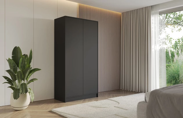 Material: Holzwerkstoff, Material der Rückwand: MDF, Farbe: Schwarz, Griffe: TIP-ON-System, Zimmer: Schlafzimmer, Anzahl der Türen: 2, Anzahl der Kleiderstangen: 2, Front-Typ: Glatt, Art der Griffe: TIP-ON-System, Art der Türen: Flügeltüren, Breite: 102 cm, Tiefe: 51 cm, Höhe: 200 cm, Länge der Kleiderstange 1: 48 cm, Länge der Kleiderstange 2: 48 cm, Fachinnenmaß - Höhe: 36 cm, Fachinnenmaß - Breite: 49 cm, Fachinnenmaß - Tiefe: 49 cm, Größe: 102 cm x 51 cm x 200 cm - 1