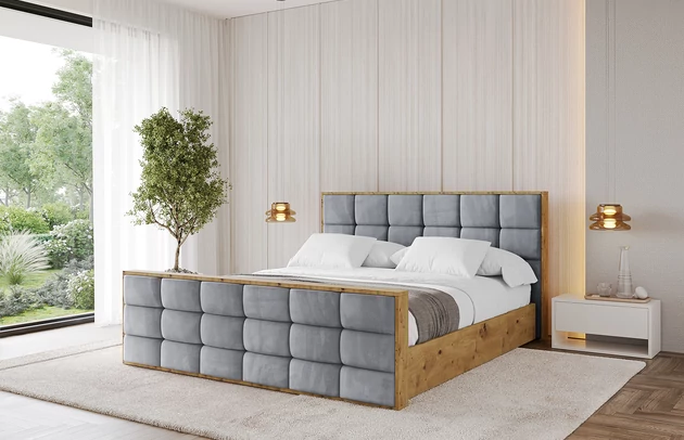 Bezug: Samt, Farbe: Grau - Casablanca 2314, Stoffbeschreibung: Polsterstoff Casablanca: „Pet-friendly“, leicht zu reinigen (CleanBOO+), wasserabweisend mit Lotuseffekt, scheuerfest (45.000 Martindale- Zyklen), Gewicht 310g/m2 ±5 %, Zimmer: Schlafzimmer, Länge: 230 cm, Breite: 200 cm, Höhe: 107 cm, Größe: 180x200 cm, Länge der Schlaffläche: 200 cm, Breite der Schlaffläche: 180 cm, Liegehöhe: 48 cm, Matratze: Mit H3 / H4 Taschenfederkern Matratze, Höhe der Matratze: 25 cm, Matratzentyp: Taschenfederkernmatratze, Bettkasten: Ja, Anzahl der Bettkasten: 1, Höhe der Bettkasten: 30 cm, Höhe des Kopfteils: 107 cm, Dicke des Kopfteils: 8 cm, Dicke des Fußteils: 7 cm, Gepolsterte Rückseite: Nein - 1