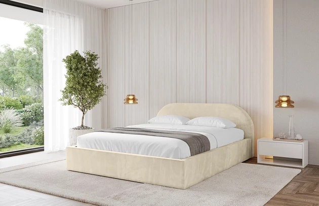 Bezug: Samt, Farbe: Beige - Monolith 4, Stoffbeschreibung: MONOLITH: Wasserabweisender und leicht zu reinigender Möbelstoff, scheuerfest (100.000 Martindale-Zyklen) lichtecht (5) und pillingarm (4-5), aus 100 % PES, Gewicht 330 g/m2 ±5 %, Zimmer: Schlafzimmer, Länge: 215 cm, Breite: 136 cm, Höhe: 81 cm, Größe: 120x200 cm, Länge der Schlaffläche: 200 cm, Breite der Schlaffläche: 120 cm, Liegehöhe: 48 cm, Matratze: Mit H3 / H4 Taschenfederkern Matratze, Höhe der Matratze: 25 cm, Matratzentyp: Taschenfederkernmatratze, Bettkasten: Ja, Anzahl der Bettkasten: 1, Höhe der Bettkasten: 30 cm, Höhe des Kopfteils: 105 cm, Dicke des Kopfteils: 8 cm, Gepolsterte Rückseite: Nein - 1