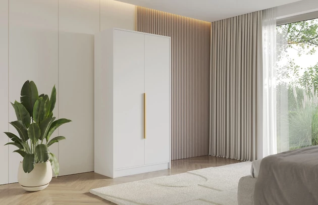 Material: Holzwerkstoff, Material der Rückwand: MDF, Farbe: Weiß, Griffe: Gold Griffe, Zimmer: Schlafzimmer, Anzahl der Türen: 2, Anzahl der Kleiderstangen: 2, Front-Typ: Glatt, Art der Griffe: Griffleiste, Art der Türen: Flügeltüren, Breite: 102 cm, Tiefe: 51 cm, Höhe: 200 cm, Länge der Kleiderstange 1: 48 cm, Länge der Kleiderstange 2: 48 cm, Fachinnenmaß - Höhe: 36 cm, Fachinnenmaß - Breite: 49 cm, Fachinnenmaß - Tiefe: 49 cm, Größe: 102 cm x 51 cm x 200 cm - 1