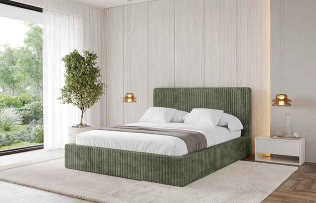 Bezug: Cord, Farbe: Olivgrün - Tilia 37, Stoffbeschreibung: Polsterstoff Cord: angenehma Polsterstoff mit Kordstruktur (90.000 - 100.000 Martindale-Zyklen) leicht zu reinigender Möbellstoff, pillingarm (4-5), aus 100 %PES, 420 g/m2 ±5 %, Zimmer: Schlafzimmer, Länge: 215 cm, Breite: 136 cm, Höhe: 105 cm, Größe: 120x200 cm, Länge der Schlaffläche: 200 cm, Breite der Schlaffläche: 120 cm, Liegehöhe: 48 cm, Matratze: Mit H3 / H4 Taschenfederkern Matratze, Höhe der Matratze: 25 cm, Matratzentyp: Taschenfederkernmatratze, Bettkasten: Ja, Anzahl der Bettkasten: 1, Höhe der Bettkasten: 30 cm, Höhe des Kopfteils: 105 cm, Dicke des Kopfteils: 8 cm, Gepolsterte Rückseite: Nein - 1