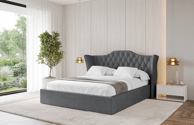 Bezug: Cord, Farbe: Dunkelgrau - Poso 115, Stoffbeschreibung: POSO ist ein angenehm anzufühlender Velours mit Kordstruktur (35000 MartindaleZyklen) und leicht zu reinigender Möbellstoff, lichtecht (5) und pillingarm (5), Gewicht 380 g/m2 ±5%, Zimmer: Schlafzimmer, Länge: 215 cm, Breite: 136 cm, Höhe: 105 cm, Größe: 120x200 cm, Länge der Schlaffläche: 200 cm, Breite der Schlaffläche: 120 cm, Liegehöhe: 48 cm, Matratze: Mit H3 / H4 Taschenfederkern Matratze, Höhe der Matratze: 25 cm, Matratzentyp: Taschenfederkernmatratze, Bettkasten: Ja, Anzahl der Bettkasten: 1, Höhe der Bettkasten: 30 cm, Höhe des Kopfteils: 105 cm, Dicke des Kopfteils: 8 cm, Gepolsterte Rückseite: Nein - 1