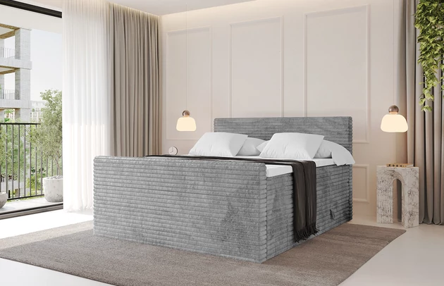 Bezug: Cord, Farbe: Grau - Tilia 86, Stoffbeschreibung: Polsterstoff Cord: angenehma Polsterstoff mit Kordstruktur (90-100 000 Martindale-Zyklen) und leicht zu reinigender Möbellstoff, pillingarm (4-5), aus 100%PES, 420 g/m2 ±5 %, Zimmer: Schlafzimmer, Länge: 215 cm, Breite: 140 cm, Höhe: 115 cm, Größe: 140x200 cm, Länge der Schlaffläche: 200 cm, Breite der Schlaffläche: 140 cm, Liegehöhe: 73 cm, Härtegrad der Matratze: H3 und H4, Höhe der Matratze: 20 cm, Matratze: Multipocketfederung/Bonellfederung, Farbe des Toppers: Weiß, Höhe des Toppers: 5 cm, Material des Toppers: Schaumstoff, Bettkasten: Ja, Anzahl der Bettkasten: 2, Höhe der Bettkasten: 30 cm, Höhe des Kopfteils: 115 cm, Dicke des Kopfteils: 8 cm, Gepolsterte Rückseite: Nein - 1