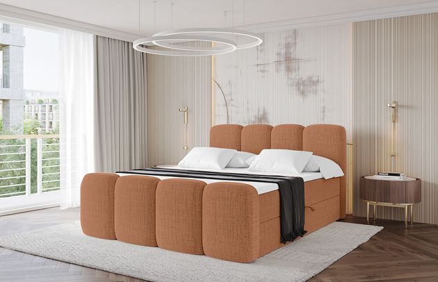 Bezug: Flechtstoff, Farbe: Apricot - Aragon 56, Stoffbeschreibung: polsterstoff-aragon-hochwertige-und-elegante-struktur-weich-und-angenehm-im-griff-scheuerfest-45-000-60000-zyklen-gewicht-von-340-g-m2-reibungswiderstand-4-5, Zimmer: Schlafzimmer, Länge: 212 cm, Breite: 120 cm, Höhe: 105 cm, Größe: 120x200 cm, Länge der Schlaffläche: 200 cm, Breite der Schlaffläche: 120 cm, Liegehöhe: 55 cm, Härtegrad der Matratze: H3, Höhe der Matratze: 20 cm, Matratze: Bonellfederung, Farbe des Toppers: Weiß, Höhe des Toppers: 5 cm, Material des Toppers: Schaumstoff, Bettkasten: Ja, Anzahl der Bettkasten: 2, Höhe der Bettkasten: 30 cm, Höhe des Kopfteils: 105 cm, Material der Füße: Kunststoff, Höhe der Füße: 1,5 cm, Dicke des Kopfteils: 7 cm, Dicke des Fußteils: 5 cm, Gepolsterte Rückseite: Nein - 1