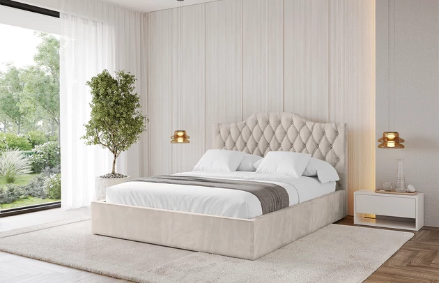 Bezug: Velvet, Farbe: Beige - Casablanca 2301, Stoffbeschreibung: Polsterstoff Casablanca: „Pet-friendly“, leicht zu reinigen (CleanBOO+), wasserabweisend mit Lotuseffekt, scheuerfest (45.000 Martindale- Zyklen), Gewicht 310g/m2 ±5 %, Zimmer: Schlafzimmer, Länge: 215 cm, Breite: 136 cm, Höhe: 105 cm, Größe: 120x200 cm, Länge der Schlaffläche: 200 cm, Breite der Schlaffläche: 120 cm, Liegehöhe: 48 cm, Matratze: Mit H3 / H4 Taschenfederkern Matratze, Höhe der Matratze: 25 cm, Matratzentyp: Taschenfederkernmatratze, Bettkasten: Ja, Anzahl der Bettkasten: 1, Höhe der Bettkasten: 30 cm, Höhe des Kopfteils: 105 cm, Dicke des Kopfteils: 8 cm, Gepolsterte Rückseite: Nein - 1