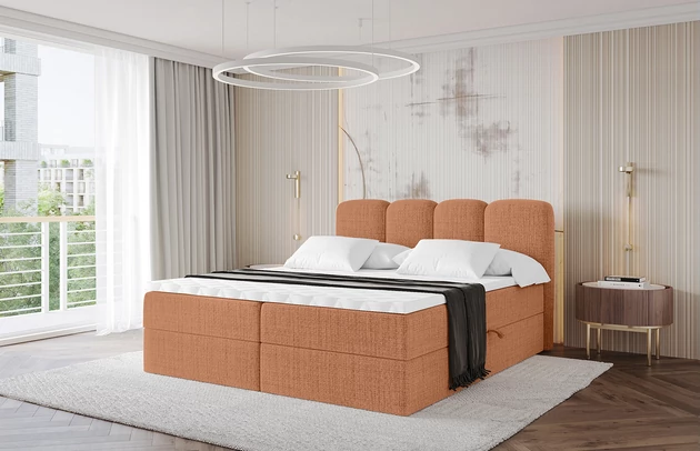 Bezug: Flechtstoff, Farbe: Apricot - Aragon 56, Stoffbeschreibung: polsterstoff-aragon-hochwertige-und-elegante-strukturweich-und-angenehm-im-griffscheuerfest-45-000-60000-zyklen-gewicht-von-340-g-m2reibungswiderstand-4-5, Zimmer: Schlafzimmer, Länge: 207 cm, Breite: 120 cm, Höhe: 105 cm, Größe: 120x200 cm, Länge der Schlaffläche: 200 cm, Breite der Schlaffläche: 120 cm, Liegehöhe: 55 cm, Härtegrad der Matratze: H3, Höhe der Matratze: 20 cm, Matratze: Bonellfederung, Farbe des Toppers: Weiß, Höhe des Toppers: 5 cm, Material des Toppers: Schaumstoff, Bettkasten: Ja, Anzahl der Bettkasten: 2, Höhe der Bettkasten: 30 cm, Höhe des Kopfteils: 105 cm, Material der Füße: Plastik, Höhe der Füße: 2 cm, Dicke des Kopfteils: 8 cm, Dicke des Fußteils: 7 cm, Gepolsterte Rückseite: Nein - 1