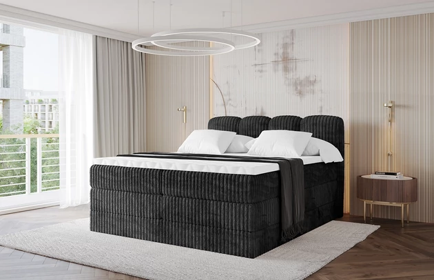 Bezug: Cord, Farbe: Schwarz - Tilia 100, Stoffbeschreibung: Polsterstoff Cord: angenehma Polsterstoff mit Kordstruktur (90-100 000 Martindale-Zyklen) und leicht zu reinigender Möbellstoff, pillingarm (4-5), aus 100%PES, 420 g/m2 ±5 %, Zimmer: Schlafzimmer, Länge: 207 cm, Breite: 120 cm, Höhe: 115 cm, Größe: 120x200 cm, Länge der Schlaffläche: 200 cm, Breite der Schlaffläche: 120 cm, Liegehöhe: 55 cm, Härtegrad der Matratze: H3 und H4, Höhe der Matratze: 20 cm, Farbe des Toppers: Weiß, Höhe des Toppers: 5 cm, Material des Toppers: Schaumstoff, Bettkasten: Ja, Anzahl der Bettkasten: 2, Höhe der Bettkasten: 30 cm, Höhe des Kopfteils: 115 cm, Material der Füße: Plastik, Höhe der Füße: 2 cm, Dicke des Kopfteils: 8 cm, Dicke des Fußteils: 7 cm, Gepolsterte Rückseite: Nein - 1