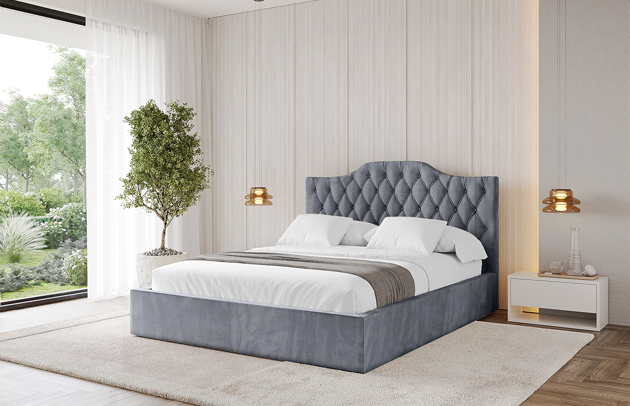 Bezug: Samt, Farbe: Grau - Casablanca 2314, Stoffbeschreibung: Polsterstoff Casablanca: „Pet-friendly“, leicht zu reinigen (CleanBOO+), wasserabweisend mit Lotuseffekt, scheuerfest (45.000 Martindale- Zyklen), Gewicht 310g/m2 ±5 %, Zimmer: Schlafzimmer, Länge: 215 cm, Breite: 136 cm, Höhe: 105 cm, Größe: 120x200 cm, Länge der Schlaffläche: 200 cm, Breite der Schlaffläche: 120 cm, Liegehöhe: 48 cm, Matratze: Mit H3 / H4 Taschenfederkern Matratze, Höhe der Matratze: 25 cm, Matratzentyp: Taschenfederkernmatratze, Bettkasten: Ja, Anzahl der Bettkasten: 1, Höhe der Bettkasten: 30 cm, Höhe des Kopfteils: 105 cm, Dicke des Kopfteils: 8 cm, Gepolsterte Rückseite: Nein - 1