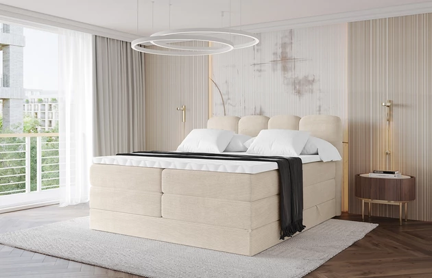 Bezug: Cord, Farbe: Beige - Poso 105, Stoffbeschreibung: POSO ist ein angenehm anzufühlender Velours mit Kordstruktur (35000 MartindaleZyklen) und leicht zu reinigender Möbellstoff, lichtecht (5) und pillingarm (5), Gewicht 380 g/m2 ±5%, Zimmer: Schlafzimmer, Länge: 207 cm, Breite: 120 cm, Höhe: 115 cm, Größe: 120x200 cm, Länge der Schlaffläche: 200 cm, Breite der Schlaffläche: 120 cm, Liegehöhe: 55 cm, Härtegrad der Matratze: H3 und H4, Höhe der Matratze: 20 cm, Farbe des Toppers: Weiß, Höhe des Toppers: 5 cm, Material des Toppers: Schaumstoff, Bettkasten: Ja, Anzahl der Bettkasten: 2, Höhe der Bettkasten: 30 cm, Höhe des Kopfteils: 115 cm, Material der Füße: Plastik, Höhe der Füße: 2 cm, Dicke des Kopfteils: 8 cm, Dicke des Fußteils: 7 cm, Gepolsterte Rückseite: Nein - 1