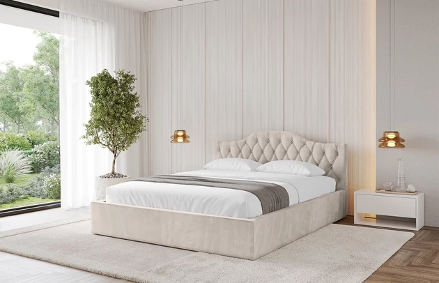 Bezug: Velvet, Farbe: Beige - Casablanca 2301, Stoffbeschreibung: Polsterstoff Casablanca: „Pet-friendly“, leicht zu reinigen (CleanBOO+), wasserabweisend mit Lotuseffekt, scheuerfest (45.000 Martindale- Zyklen), Gewicht 310g/m2 ±5 %, Zimmer: Schlafzimmer, Länge: 215 cm, Breite: 136 cm, Höhe: 81 cm, Größe: 120x200 cm, Länge der Schlaffläche: 200 cm, Breite der Schlaffläche: 120 cm, Liegehöhe: 48 cm, Matratze: Mit H3 / H4 Taschenfederkern Matratze, Höhe der Matratze: 25 cm, Matratzentyp: Taschenfederkernmatratze, Bettkasten: Ja, Anzahl der Bettkasten: 1, Höhe der Bettkasten: 30 cm, Höhe des Kopfteils: 81 cm, Dicke des Kopfteils: 8 cm, Gepolsterte Rückseite: Nein - 1