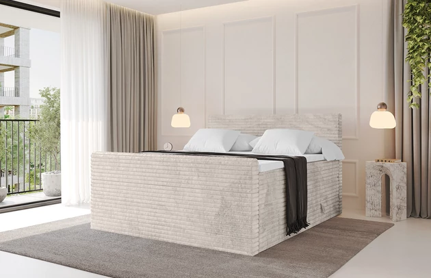 Bezug: Cord, Farbe: Creme - Tilia 01, Stoffbeschreibung: Polsterstoff Cord: angenehma Polsterstoff mit Kordstruktur (90-100 000 Martindale-Zyklen) und leicht zu reinigender Möbellstoff, pillingarm (4-5), aus 100%PES, 420 g/m2 ±5 %, Zimmer: Schlafzimmer, Länge: 215 cm, Breite: 120 cm, Höhe: 115 cm, Größe: 120x200 cm, Länge der Schlaffläche: 200 cm, Breite der Schlaffläche: 120 cm, Liegehöhe: 73 cm, Härtegrad der Matratze: H3 und H4, Höhe der Matratze: 20 cm, Matratze: Multipocketfederung/Bonellfederung, Farbe des Toppers: Weiß, Höhe des Toppers: 5 cm, Material des Toppers: Schaumstoff, Bettkasten: Ja, Anzahl der Bettkasten: 2, Höhe der Bettkasten: 30 cm, Höhe des Kopfteils: 115 cm, Dicke des Kopfteils: 8 cm, Gepolsterte Rückseite: Nein - 1