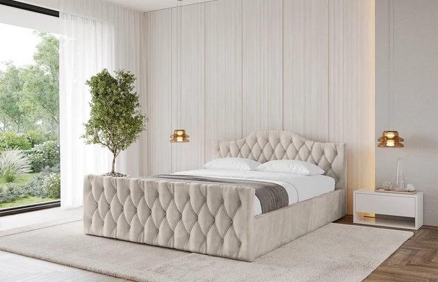 Bezug: Velvet, Farbe: Beige - Casablanca 2301, Stoffbeschreibung: Polsterstoff Casablanca: „Pet-friendly“, leicht zu reinigen (CleanBOO+), wasserabweisend mit Lotuseffekt, scheuerfest (45.000 Martindale- Zyklen), Gewicht 310g/m2 ±5 %, Zimmer: Schlafzimmer, Länge: 222 cm, Breite: 136 cm, Höhe: 81 cm, Größe: 120x200 cm, Länge der Schlaffläche: 200 cm, Breite der Schlaffläche: 120 cm, Liegehöhe: 48 cm, Matratze: Mit H3 / H4 Taschenfederkern Matratze, Höhe der Matratze: 25 cm, Matratzentyp: Taschenfederkernmatratze, Bettkasten: Ja, Anzahl der Bettkasten: 1, Höhe der Bettkasten: 30 cm, Höhe des Kopfteils: 81 cm, Dicke des Kopfteils: 8 cm, Dicke des Fußteils: 7 cm, Gepolsterte Rückseite: Nein - 1