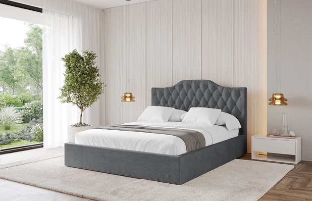 Bezug: Cord, Farbe: Dunkelgrau - Poso 115, Stoffbeschreibung: POSO ist ein angenehm anzufühlender Velours mit Kordstruktur (35000 MartindaleZyklen) und leicht zu reinigender Möbellstoff, lichtecht (5) und pillingarm (5), Gewicht 380 g/m2 ±5%, Zimmer: Schlafzimmer, Länge: 215 cm, Breite: 136 cm, Höhe: 105 cm, Größe: 120x200 cm, Länge der Schlaffläche: 200 cm, Breite der Schlaffläche: 120 cm, Liegehöhe: 48 cm, Matratze: Mit H3 / H4 Taschenfederkern Matratze, Höhe der Matratze: 25 cm, Matratzentyp: Taschenfederkernmatratze, Bettkasten: Ja, Anzahl der Bettkasten: 1, Höhe der Bettkasten: 30 cm, Höhe des Kopfteils: 105 cm, Dicke des Kopfteils: 8 cm, Gepolsterte Rückseite: Nein - 1