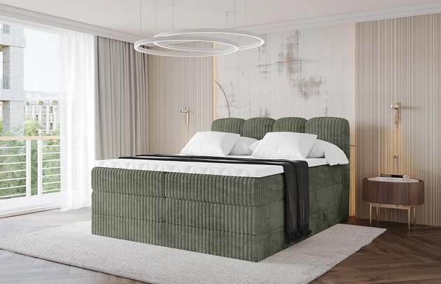 Bezug: Cord, Farbe: Olivgrün - Tilia 37, Stoffbeschreibung: Polsterstoff Cord: angenehma Polsterstoff mit Kordstruktur (90-100 000 Martindale-Zyklen) und leicht zu reinigender Möbellstoff, pillingarm (4-5), aus 100%PES, 420 g/m2 ±5 %, Zimmer: Schlafzimmer, Länge: 207 cm, Breite: 120 cm, Höhe: 115 cm, Größe: 120x200 cm, Länge der Schlaffläche: 200 cm, Breite der Schlaffläche: 120 cm, Liegehöhe: 55 cm, Härtegrad der Matratze: H3 und H4, Höhe der Matratze: 20 cm, Farbe des Toppers: Weiß, Höhe des Toppers: 5 cm, Material des Toppers: Schaumstoff, Bettkasten: Ja, Anzahl der Bettkasten: 2, Höhe der Bettkasten: 30 cm, Höhe des Kopfteils: 115 cm, Material der Füße: Plastik, Höhe der Füße: 2 cm, Dicke des Kopfteils: 8 cm, Dicke des Fußteils: 7 cm, Gepolsterte Rückseite: Nein - 1