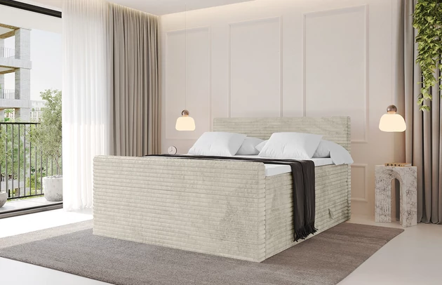 Bezug: Cord, Farbe: Creme - Tilia 03, Stoffbeschreibung: Polsterstoff Cord: angenehma Polsterstoff mit Kordstruktur (90-100 000 Martindale-Zyklen) und leicht zu reinigender Möbellstoff, pillingarm (4-5), aus 100%PES, 420 g/m2 ±5 %, Zimmer: Schlafzimmer, Länge: 215 cm, Breite: 140 cm, Höhe: 115 cm, Größe: 140x200 cm, Länge der Schlaffläche: 200 cm, Breite der Schlaffläche: 140 cm, Liegehöhe: 73 cm, Härtegrad der Matratze: H3 und H4, Höhe der Matratze: 20 cm, Matratze: Multipocketfederung/Bonellfederung, Farbe des Toppers: Weiß, Höhe des Toppers: 5 cm, Material des Toppers: Schaumstoff, Bettkasten: Ja, Anzahl der Bettkasten: 2, Höhe der Bettkasten: 30 cm, Höhe des Kopfteils: 115 cm, Dicke des Kopfteils: 8 cm, Gepolsterte Rückseite: Nein - 1