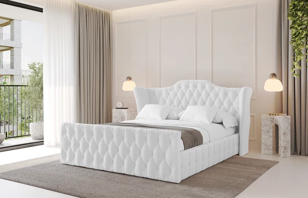 Bezug: Bouclé, Farbe: Weiß - Quelle 01, Stoffbeschreibung: Polsterstoff Quelle: hochwertiger Bouclé Stoff, strapazierfähig, atmungsaktiv und pflegeleicht. (80.000 Martindale-Zyklen) 100 % PES, pillingarm(4-5), Gewicht 315 g/m² ±5 %, Zimmer: Schlafzimmer, Länge: 222 cm, Breite: 136 cm, Höhe: 105 cm, Größe: 120x200 cm, Länge der Schlaffläche: 200 cm, Breite der Schlaffläche: 120 cm, Liegehöhe: 48 cm, Matratze: Mit H3 / H4 Taschenfederkern Matratze, Höhe der Matratze: 25 cm, Matratzentyp: Taschenfederkernmatratze, Bettkasten: Ja, Anzahl der Bettkasten: 1, Höhe der Bettkasten: 30 cm, Höhe des Kopfteils: 105 cm, Dicke des Kopfteils: 8 cm, Dicke des Fußteils: 7 cm, Gepolsterte Rückseite: Nein - 1