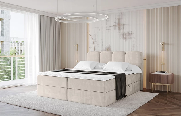 Bezug: Samt, Farbe: Beige - Casablanca 2301, Stoffbeschreibung: Polsterstoff Casablanca: „Pet-friendly“, leicht zu reinigen (CleanBOO+), wasserabweisend mit Lotuseffekt, scheuerfest (45.000 Martindale- Zyklen), Gewicht 310g/m2 ±5 %, Zimmer: Schlafzimmer, Länge: 207 cm, Breite: 160 cm, Höhe: 105 cm, Größe: 160x200 cm, Länge der Schlaffläche: 200 cm, Breite der Schlaffläche: 160 cm, Liegehöhe: 55 cm, Härtegrad der Matratze: H3, Höhe der Matratze: 20 cm, Matratze: Bonellfederung, Farbe des Toppers: Weiß, Höhe des Toppers: 5 cm, Material des Toppers: Schaumstoff, Bettkasten: Ja, Anzahl der Bettkasten: 2, Höhe der Bettkasten: 30 cm, Höhe des Kopfteils: 105 cm, Material der Füße: Plastik, Höhe der Füße: 2 cm, Dicke des Kopfteils: 8 cm, Dicke des Fußteils: 7 cm, Gepolsterte Rückseite: Nein - 1