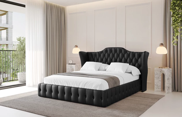 Bezug: Kunstleder, Farbe: Schwarz - Soft 11, Stoffbeschreibung: Polsterstoff SOFT:Leicht zu reinigendes Lederimitat. scheuerfest (100.000 Martindale-Zyklen). lichtecht (6). reibecht (4-5). 100%PU (Oberseite) + 75%PES mit 25%CO (Unterseite), Zimmer: Schlafzimmer, Länge: 215 cm, Breite: 156 cm, Höhe: 105 cm, Größe: 140x200 cm, Länge der Schlaffläche: 200 cm, Breite der Schlaffläche: 140 cm, Liegehöhe: 48 cm, Matratze: Mit H3 / H4 Taschenfederkern Matratze, Höhe der Matratze: 25 cm, Matratzentyp: Taschenfederkernmatratze, Bettkasten: Ja, Anzahl der Bettkasten: 1, Höhe der Bettkasten: 30 cm, Höhe des Kopfteils: 105 cm, Dicke des Kopfteils: 8 cm, Gepolsterte Rückseite: Nein - 1