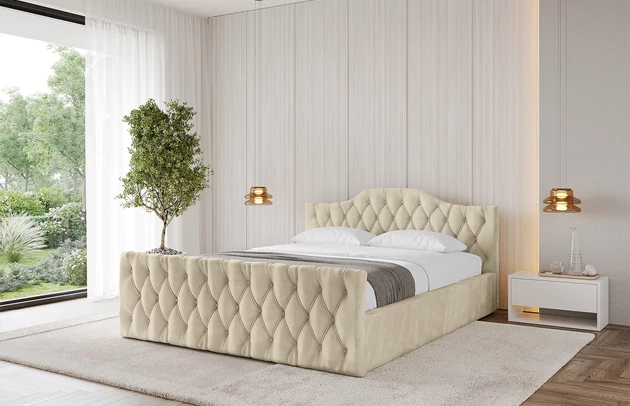 Bezug: Velvet, Farbe: Beige - Monolith 4, Stoffbeschreibung: MONOLITH: Wasserabweisender und leicht zu reinigender Möbelstoff, scheuerfest (100.000 Martindale-Zyklen) lichtecht (5) und pillingarm (4-5), aus 100 % PES, Gewicht 330 g/m2 ±5 %, Zimmer: Schlafzimmer, Länge: 222 cm, Breite: 156 cm, Höhe: 81 cm, Größe: 140x200 cm, Länge der Schlaffläche: 200 cm, Breite der Schlaffläche: 140 cm, Liegehöhe: 48 cm, Matratze: Mit H3 / H4 Taschenfederkern Matratze, Höhe der Matratze: 25 cm, Matratzentyp: Taschenfederkernmatratze, Bettkasten: Ja, Anzahl der Bettkasten: 1, Höhe der Bettkasten: 30 cm, Höhe des Kopfteils: 81 cm, Dicke des Kopfteils: 8 cm, Dicke des Fußteils: 7 cm, Gepolsterte Rückseite: Nein - 1