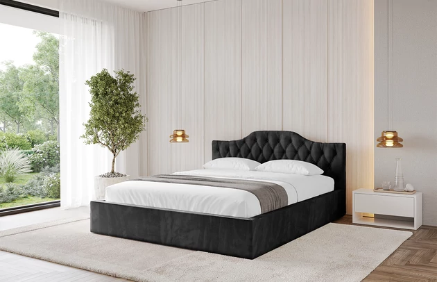 Bezug: Velvet, Farbe: Schwarz - Casablanca 2316, Stoffbeschreibung: Polsterstoff Casablanca: „Pet-friendly“, leicht zu reinigen (CleanBOO+), wasserabweisend mit Lotuseffekt, scheuerfest (45.000 Martindale- Zyklen), Gewicht 310g/m2 ±5 %, Zimmer: Schlafzimmer, Länge: 215 cm, Breite: 136 cm, Höhe: 81 cm, Größe: 120x200 cm, Länge der Schlaffläche: 200 cm, Breite der Schlaffläche: 120 cm, Liegehöhe: 48 cm, Matratze: Mit H3 / H4 Taschenfederkern Matratze, Höhe der Matratze: 25 cm, Matratzentyp: Taschenfederkernmatratze, Bettkasten: Ja, Anzahl der Bettkasten: 1, Höhe der Bettkasten: 30 cm, Höhe des Kopfteils: 81 cm, Dicke des Kopfteils: 8 cm, Gepolsterte Rückseite: Nein - 1