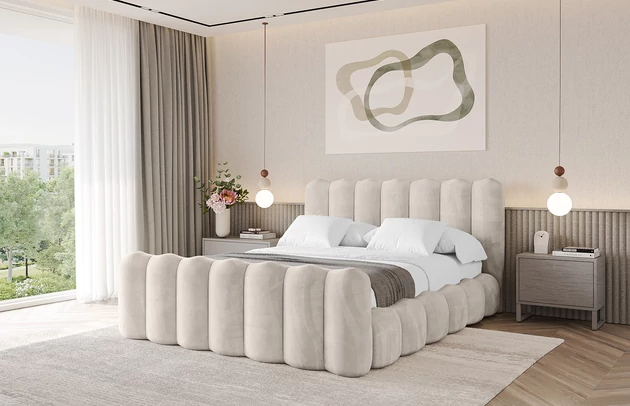 Bezug: Velvet, Farbe: Beige - Casablanca 2301, Stoffbeschreibung: Polsterstoff Casablanca: „Pet-friendly“, leicht zu reinigen (CleanBOO+), wasserabweisend mit Lotuseffekt, scheuerfest (45.000 Martindale- Zyklen), Gewicht 310g/m2 ±5 %, Zimmer: Schlafzimmer, Länge: 224 cm, Breite: 148 cm, Höhe: 110 cm, Größe: 120x200 cm, Länge der Schlaffläche: 200 cm, Breite der Schlaffläche: 120 cm, Liegehöhe: 48 cm, Matratze: Mit H3 / H4 Taschenfederkern Matratze, Höhe der Matratze: 25 cm, Matratzentyp: Taschenfederkernmatratze, Bettkasten: Ja, Anzahl der Bettkasten: 1, Höhe der Bettkasten: 33 cm, Höhe des Kopfteils: 110 cm, Dicke des Kopfteils: 8 cm, Dicke des Fußteils: 7 cm, Gepolsterte Rückseite: Nein - 1