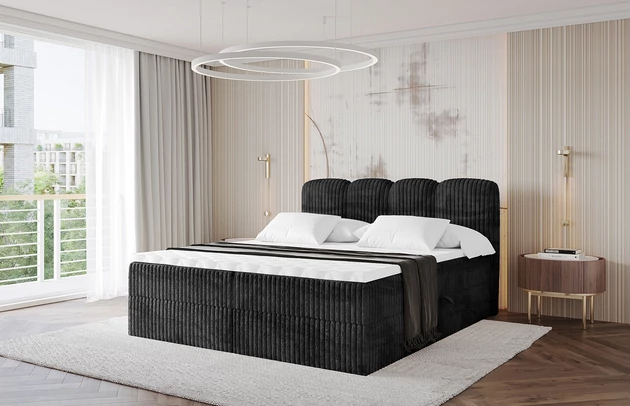 Bezug: Cord, Farbe: Schwarz - Tilia 100, Stoffbeschreibung: Polsterstoff Cord: angenehma Polsterstoff mit Kordstruktur (90-100 000 Martindale-Zyklen) und leicht zu reinigender Möbellstoff, pillingarm (4-5), aus 100%PES, 420 g/m2 ±5 %, Zimmer: Schlafzimmer, Länge: 207 cm, Breite: 120 cm, Höhe: 105 cm, Größe: 120x200 cm, Länge der Schlaffläche: 200 cm, Breite der Schlaffläche: 120 cm, Liegehöhe: 55 cm, Härtegrad der Matratze: H3, Höhe der Matratze: 20 cm, Matratze: Bonellfederung, Farbe des Toppers: Weiß, Höhe des Toppers: 5 cm, Material des Toppers: Schaumstoff, Bettkasten: Ja, Anzahl der Bettkasten: 2, Höhe der Bettkasten: 30 cm, Höhe des Kopfteils: 105 cm, Material der Füße: Plastik, Höhe der Füße: 2 cm, Dicke des Kopfteils: 8 cm, Dicke des Fußteils: 7 cm, Gepolsterte Rückseite: Nein - 1