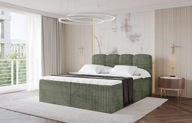 Bezug: Cord, Farbe: Olivgrün - Tilia 37, Stoffbeschreibung: Polsterstoff Cord: angenehma Polsterstoff mit Kordstruktur (90-100 000 Martindale-Zyklen) und leicht zu reinigender Möbellstoff, pillingarm (4-5), aus 100%PES, 420 g/m2 ±5 %, Zimmer: Schlafzimmer, Länge: 207 cm, Breite: 140 cm, Höhe: 105 cm, Größe: 140x200 cm, Länge der Schlaffläche: 200 cm, Breite der Schlaffläche: 140 cm, Liegehöhe: 55 cm, Härtegrad der Matratze: H3, Höhe der Matratze: 20 cm, Matratze: Bonellfederung, Farbe des Toppers: Weiß, Höhe des Toppers: 5 cm, Material des Toppers: Schaumstoff, Bettkasten: Ja, Anzahl der Bettkasten: 2, Höhe der Bettkasten: 30 cm, Höhe des Kopfteils: 105 cm, Material der Füße: Plastik, Höhe der Füße: 2 cm, Dicke des Kopfteils: 8 cm, Dicke des Fußteils: 7 cm, Gepolsterte Rückseite: Nein - 1