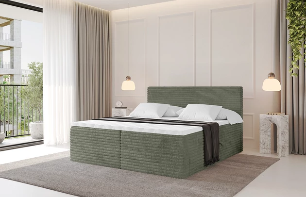 Bezug: Cord, Farbe: Olivgrün - Tilia 37, Stoffbeschreibung: Polsterstoff Cord: angenehma Polsterstoff mit Kordstruktur (90-100 000 Martindale-Zyklen) und leicht zu reinigender Möbellstoff, pillingarm (4-5), aus 100%PES, 420 g/m2 ±5 %, Zimmer: Schlafzimmer, Länge: 207 cm, Breite: 140 cm, Höhe: 105 cm, Größe: 140x200 cm, Länge der Schlaffläche: 200 cm, Breite der Schlaffläche: 140 cm, Liegehöhe: 55 cm, Härtegrad der Matratze: H3, Höhe der Matratze: 20 cm, Matratze: Bonellfederung, Farbe des Toppers: Weiß, Höhe des Toppers: 5 cm, Material des Toppers: Schaumstoff, Bettkasten: Ja, Anzahl der Bettkasten: 2, Höhe der Bettkasten: 30 cm, Höhe des Kopfteils: 105 cm, Dicke des Kopfteils: 8 cm, Gepolsterte Rückseite: Nein - 1