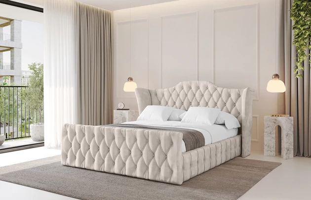 Bezug: Velvet, Farbe: Beige - Casablanca 2301, Stoffbeschreibung: Polsterstoff Casablanca: „Pet-friendly“, leicht zu reinigen (CleanBOO+), wasserabweisend mit Lotuseffekt, scheuerfest (45.000 Martindale- Zyklen), Gewicht 310g/m2 ±5 %, Zimmer: Schlafzimmer, Länge: 222 cm, Breite: 136 cm, Höhe: 105 cm, Größe: 120x200 cm, Länge der Schlaffläche: 200 cm, Breite der Schlaffläche: 120 cm, Liegehöhe: 48 cm, Matratze: Mit H3 / H4 Taschenfederkern Matratze, Höhe der Matratze: 25 cm, Matratzentyp: Taschenfederkernmatratze, Bettkasten: Ja, Anzahl der Bettkasten: 1, Höhe der Bettkasten: 30 cm, Höhe des Kopfteils: 105 cm, Dicke des Kopfteils: 8 cm, Dicke des Fußteils: 7 cm, Gepolsterte Rückseite: Nein - 1