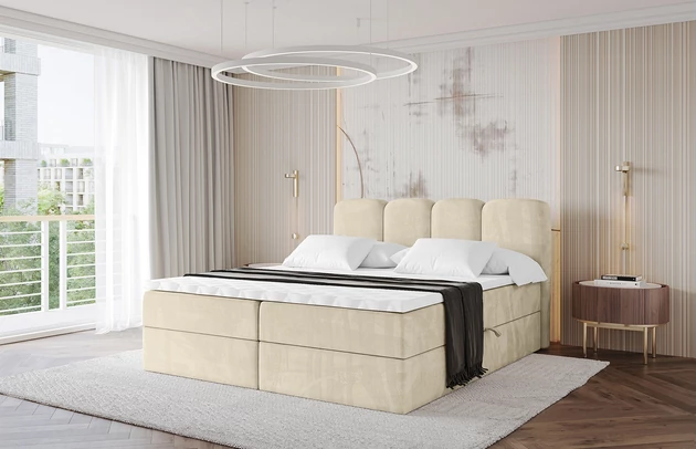 Bezug: Samt, Farbe: Beige - Monolith 4, Stoffbeschreibung: Polsterstoff Monolith: Wasserabweisender und leicht zu reinigender Möbelstoff, scheuerfest (100.000 Martindale-Zyklen) lichtecht (5) und pillingarm (4-5), aus 100 % PES, Zimmer: Schlafzimmer, Länge: 207 cm, Breite: 160 cm, Höhe: 105 cm, Größe: 160x200 cm, Länge der Schlaffläche: 200 cm, Breite der Schlaffläche: 160 cm, Liegehöhe: 55 cm, Härtegrad der Matratze: H3, Höhe der Matratze: 20 cm, Matratze: Bonellfederung, Farbe des Toppers: Weiß, Höhe des Toppers: 5 cm, Material des Toppers: Schaumstoff, Bettkasten: Ja, Anzahl der Bettkasten: 2, Höhe der Bettkasten: 30 cm, Höhe des Kopfteils: 105 cm, Material der Füße: Plastik, Höhe der Füße: 2 cm, Dicke des Kopfteils: 8 cm, Dicke des Fußteils: 7 cm, Gepolsterte Rückseite: Nein - 1