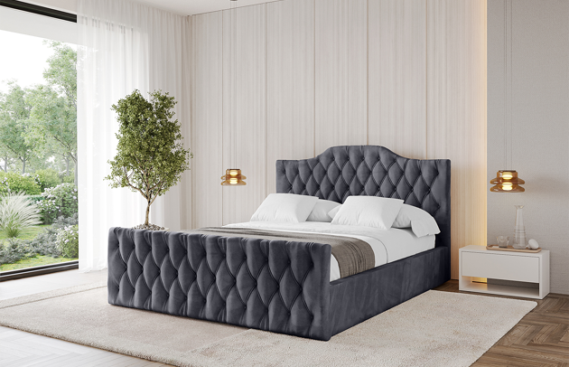 Bezug: Samt, Farbe: Dunkelgrau - Casablanca 2315, Stoffbeschreibung: Polsterstoff Casablanca: „Pet-friendly“, leicht zu reinigen (CleanBOO+), wasserabweisend mit Lotuseffekt, scheuerfest (45.000 Martindale- Zyklen), Gewicht 310g/m2 ±5 %, Zimmer: Schlafzimmer, Länge: 222 cm, Breite: 136 cm, Höhe: 105 cm, Größe: 120x200 cm, Länge der Schlaffläche: 200 cm, Breite der Schlaffläche: 120 cm, Liegehöhe: 48 cm, Matratze: Mit H3 / H4 Taschenfederkern Matratze, Höhe der Matratze: 25 cm, Matratzentyp: Taschenfederkernmatratze, Bettkasten: Ja, Anzahl der Bettkasten: 1, Höhe der Bettkasten: 30 cm, Höhe des Kopfteils: 105 cm, Dicke des Kopfteils: 8 cm, Dicke des Fußteils: 7 cm, Gepolsterte Rückseite: Nein - 1