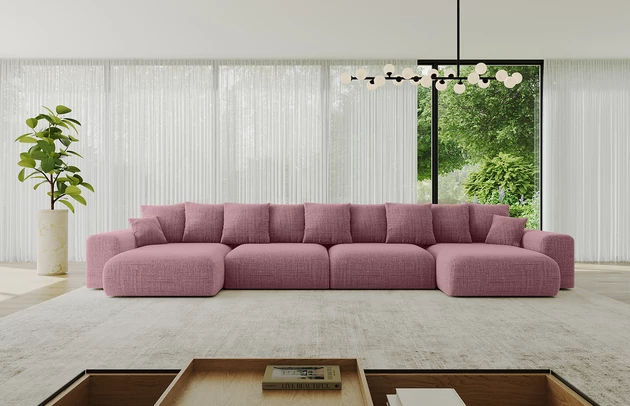 Bezug: Flechtstoff, Farbe: Altrosa - Aragon 69, Stellvariante: U-Form, Stoffbeschreibung: Polsterstoff Aragon: hochwertige und elegante Struktur,weich und angenehm im Griff,scheuerfest (45.000-60000 Zyklen), Gewicht von 340 g/m²,Reibungswiderstand 4–5, Materialzusammensetzung: 100% Polyseter, Pilling Resistenz: 5, Abriebfestigkeit: 4, Scheuerbeständigkeit: 60000 Martindale-Zyklen, Ausstattung: Kissen, Zimmer: Wohnzimmer, Tiefe: 176 cm, Breite: 464 cm, Höhe: 72 cm, Länge der Schlaffläche: 395 cm, Breite der Schlaffläche: 150 cm, Liegehöhe: 45 cm, Anzahl der Sitzflächen: 6, Sitzfüllung: Wellenfeder + HR35 und T30-Schaum, Anzahl der Rückenkissen: 9, Art der Rückenkissen: Rückenkissen, Annzahl der Sitzkissen: 4, Anzahl der Zierkissen: 2, Material der Füße: Kunststoff, Höhe der Füße: 5 cm, Farbe der Füße: Schwarz, Tiefe der Armlehnen: 126 cm, Breite der Armlehnen: 32 cm, Höhe der Armlehnen: 57 cm, Breite der Ottomane: 100 cm, Tiefe der Ottomane: 160 cm, Tiefe der Sitzfläche: 116 cm, Sitzhöhe: 45 cm, Art des Stauraumes: Innenfach geschlossen - 1